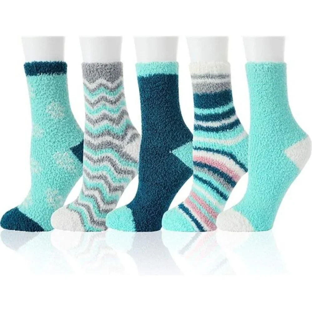5 Pairs Women's Fluffy Plush Crew Slipper Sock For Girls Warm for Winter